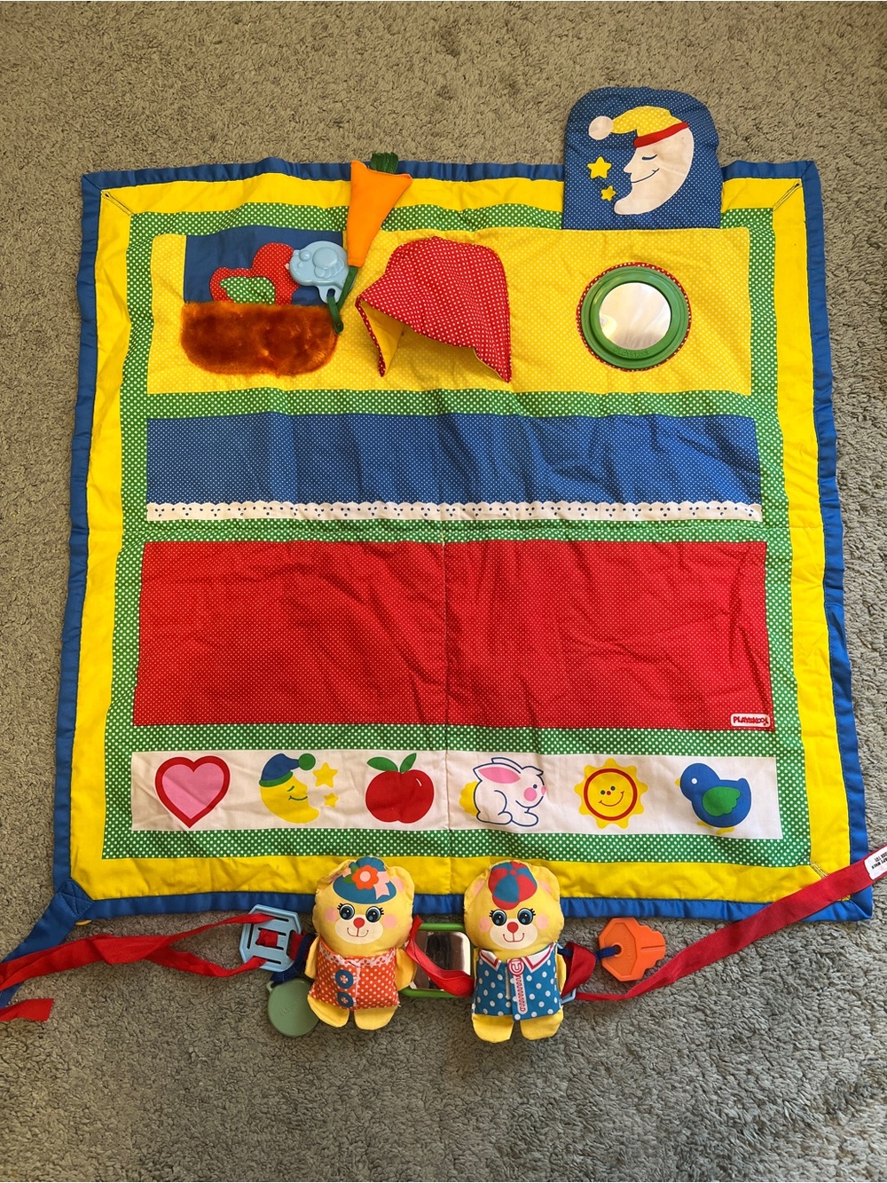 Vintage Playskool 1987 29x30 Colorful Activity Play Mat AND Bye Bye Bear Toy